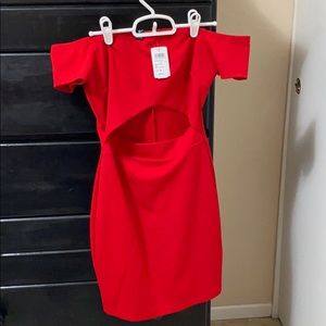 Red, off the shoulder mini dress.